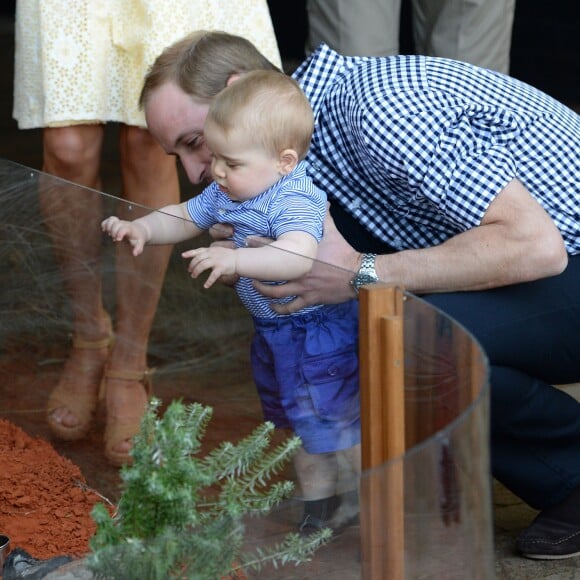 Le prince George de Cambridge avec ses parents le prince William et la duchesse Catherine au zoo de Taronga à Sydney le 20 avril 2014 lors de leur tournée officielle en Australie.