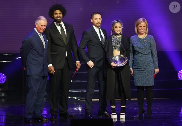 Le prince Charles, Laine Esperanzate, David Haye,Tom Hardy lors de la soirée The Prince's Trust Celebrate Success Awards au London Palladium à Londres, le 7 mars 2016.