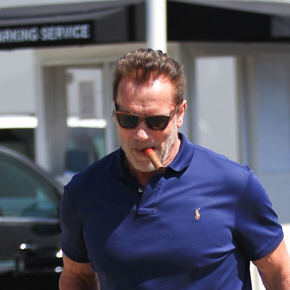 Exclusif - Arnold Schwarzenegger et Sylvester Stallone vont déjeuner ensemble au restaurant Ebaldi à Beverly Hills, le 29 août 2016. A la sortie du restaurant, Arnold a fumé un cigare avant de monter à bord de sa Bugatti.