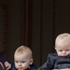 La princesse Charlene, sa fille la princesse Gabriella, le prince Albert II de Monaco et son fils le prince Jacques - La famille de Monaco au balcon du palais princier lors de la fête nationale monégasque. Le 19 novembre 2015 Jean-Claude Vinaj / Bestimage
