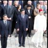 Edouard Balladur, Madeleine Druon, Nicolas Sarkozy, François Fillon et Rachid du Maroc lors des obsèques de Maurice Druon à l'église Saint-Louis des Invalides à Paris le 20 avril 2009