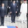 Edouard Balladur, Madeleine Druon, Nicolas Sarkozy, François Fillon et Rachid du Maroc lors des obsèques de Maurice Druon à l'église Saint-Louis des Invalides à Paris le 20 avril 2009