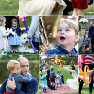 Le prince George de Cambridge (3 ans) et sa soeur la princesse Charlotte de Cambridge (1 an) ont participé, avec leurs parents le prince William et Kate Middleton, à une fête réunissant des enfants de familles de militaires canadiennes le 29 septembre 2016 à la Maison du Gouvernement à Victoria, en Colombie-Britannique, au sixième jour de la tournée royale au Canada. Photomontage Purepeople.