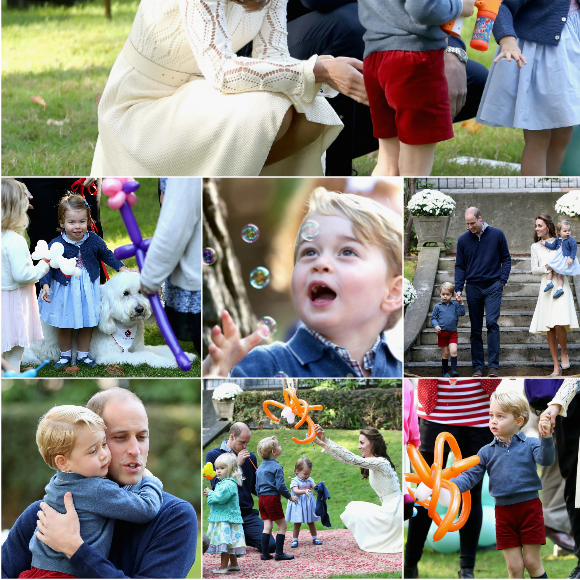 Le prince George de Cambridge (3 ans) et sa soeur la princesse Charlotte de Cambridge (1 an) ont participé, avec leurs parents le prince William et Kate Middleton, à une fête réunissant des enfants de familles de militaires canadiennes le 29 septembre 2016 à la Maison du Gouvernement à Victoria, en Colombie-Britannique, au sixième jour de la tournée royale au Canada. Photomontage Purepeople.