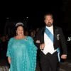 La grande-duchesse Maria de Russie et son fils le grand-duc Georges arrivent au dîner du mariage du prince Leka II d'Albanie et d'Elia Zaharia au palais royal à Tirana, le 8 octobre 2016