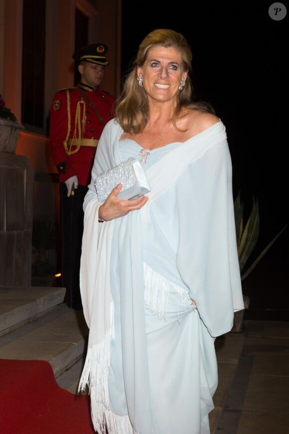 La princesse Léa de Belgique arrive au dîner du mariage du prince Leka II d'Albanie et d'Elia Zaharia au palais royal à Tirana, le 8 octobre 2016