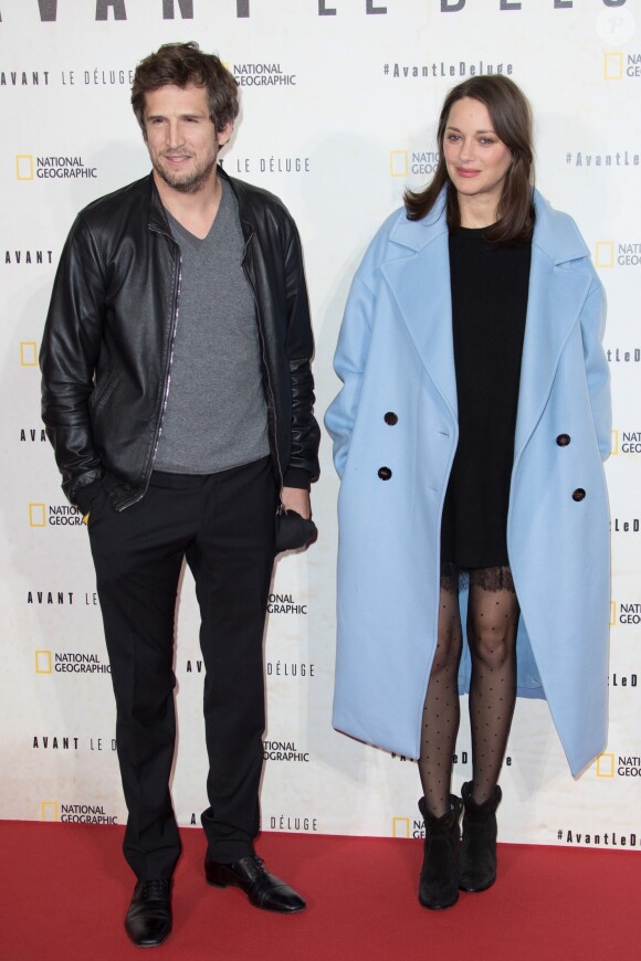 Marion Cotillard, enceinte, et son compagnon Guillaume Canet - Avant première du documentaire "Before the flood" au théâtre du Châtelet à Paris le 17 octobre 2016. © Cyril Moreau/Bestimage