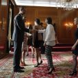 Felipe VI et Letizia d'Espagne ont reçu les lauréats des médailles Princesse des Asturies et des Prix Fin de Cursus de l'Université d'Oviedo à l'hôtel de la Reconquista à Oviedo le 21 octobre 2016.