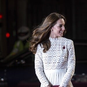 Kate Middleton, duchesse de Cambridge, assistait en sa qualité de marraine de l'association Action on Addiction à l'avant-première du film A Street Cat Named Bob au cinéma Curzon dans Mayfair, à Londres, le 3 novembre 2016. Elle portait une robe en crochet de la marque Self-Portrait.