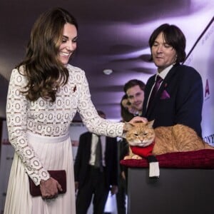 Kate Middleton, duchesse de Cambridge, assistait en sa qualité de marraine de l'association Action on Addiction à l'avant-première du film A Street Cat Named Bob au cinéma Curzon dans Mayfair, à Londres, le 3 novembre 2016 et a rencontré James Bowen et le chat Bob, dont le film raconte l'histoire.