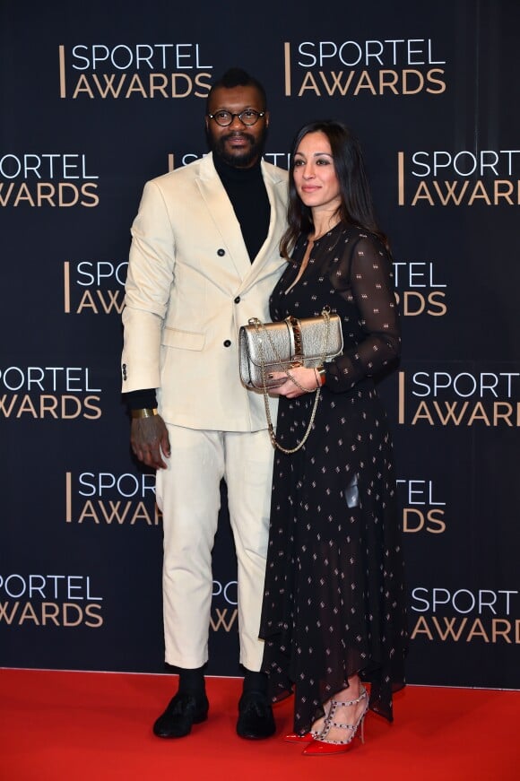 Djibril Cissé et sa compagne Marie-Cécile Lenzini à la cérémonie des Sportel Awards organisée à Monaco, le 25 octobre 2016.