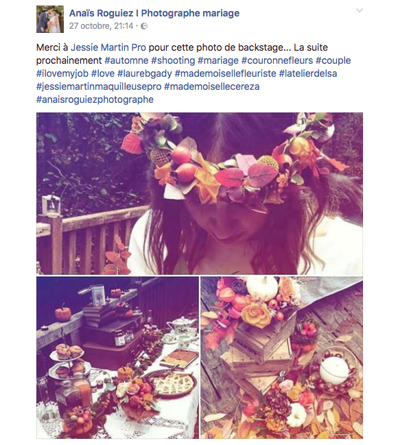 Tiffany de Mariés au premier regard posant pour un shooting de mariage tendance automne, publication Facebook de la photographe Anaïs Roguiez, fin octobre 2016.