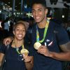 Tony Yoka et sa compagne Estelle Mossely - Arrivées des athlètes des jeux olympiques de Rio 2016 à l'aéroport de Roissy le 23 août 2016.