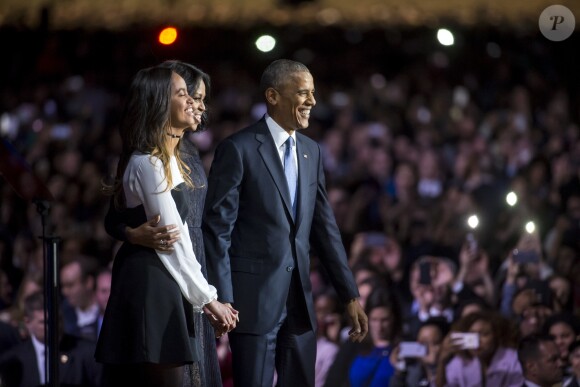 Le président Barack Obama, son épouse Michelle et leur fille Malia à McCormick Place. Chicago, le 10 janvier 2017.