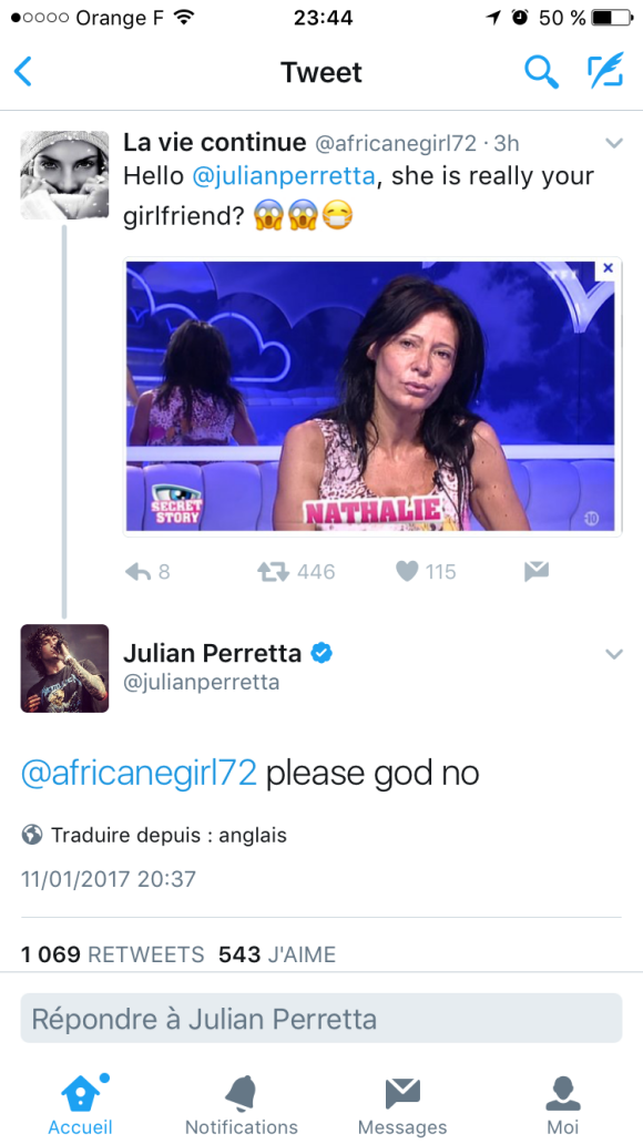 Julien Perretta nie le fait que Nathalie de "Secret Story 8" est sa petite amie. Janvier 2017.