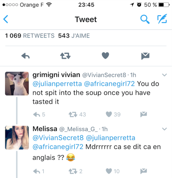 Vivian, ex-compagnon de Nathalie de "Secret Story 8" a répondu à Julian Perretta sur Twitter. Janvier 2017.