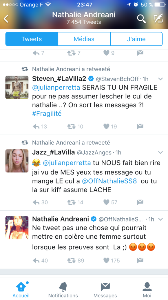 Jazz et Steven de "La villa des coeurs brisés 2" ainsi que Nathalie de "Secret Story 8", ont répondu à Julian Perretta sur Twitter. Janvier 2017.