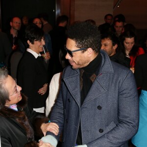 JoeyStarr et Harula Aliagas, la mère de Nikos - Vernissage de l'exposition "L'épreuve du Temps" de Nikos Aliagas au Palais Brongniart à Paris, le 16 janvier 2017.