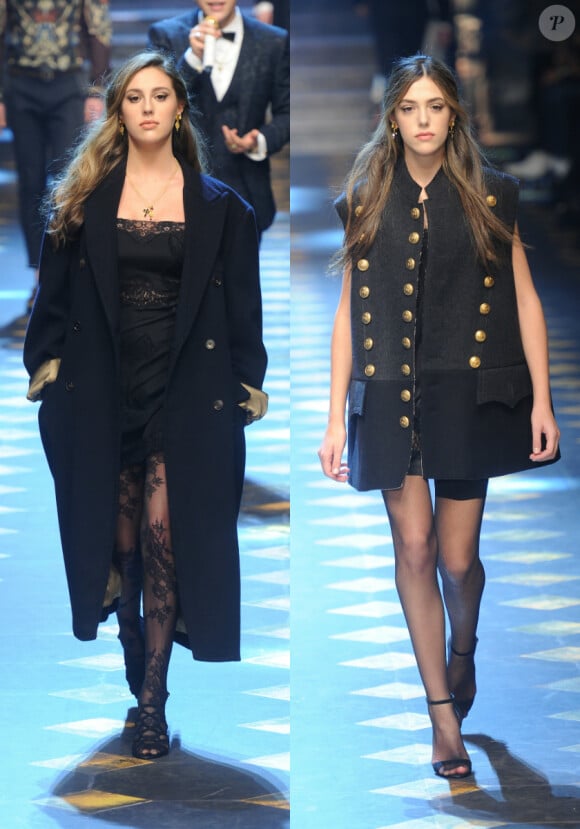 Les soeurs Sophia et Sistine Stallone, filles de Sylvester Stallone, défilent pour Dolce & Gabbana à la Fashion Week de Milan. Le 14 janvier 2017.