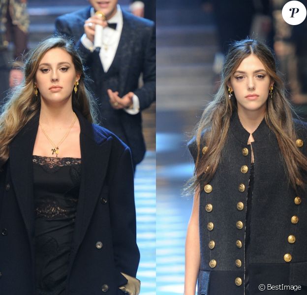 Les soeurs Sophia et Sistine Stallone, filles de Sylvester Stallone, défilent pour Dolce &amp; Gabbana à la Fashion Week de Milan. Le 14 janvier 2017.