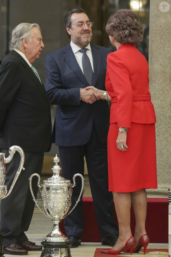 Le roi Felipe VI et la reine Letizia d'Espagne, en présence du roi Juan Carlos Ier et de la reine Sofia (photo), présidaient le 23 janvier 2017 au palais du Pardo à Madrid à la cérémonie de remise des Prix nationaux du sport pour l'année 2015.