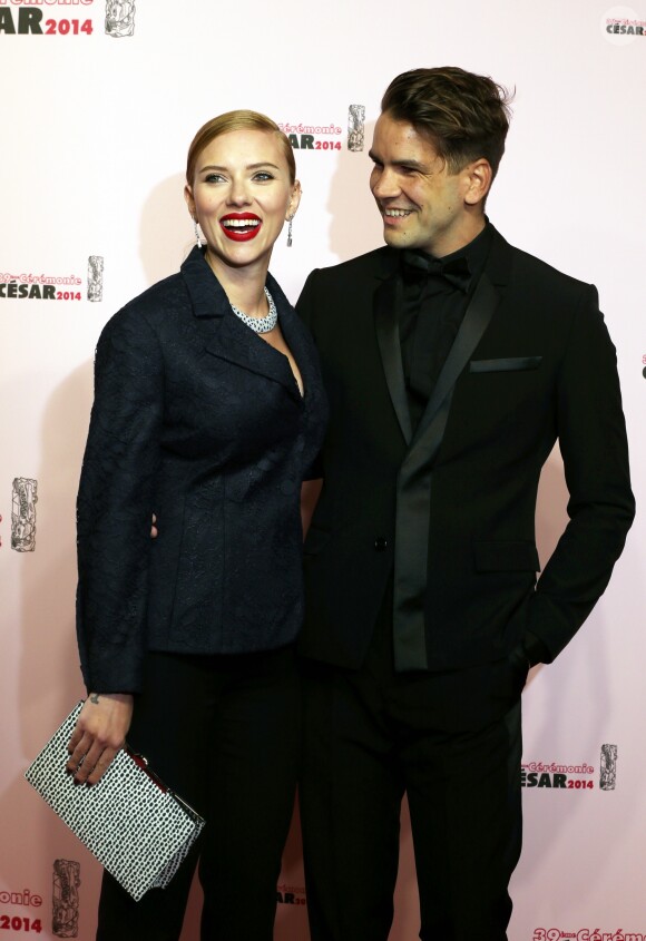 Scarlett Johansson et son fiancé Romain Dauriac - Arrivées Exterieur - 39ème cérémonie des César au théâtre du Châtelet à Paris Le 28 Février 2014