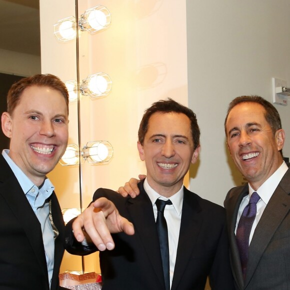 Exclusif - Ryan Hamilton, Gad Elmaleh et Jerry Seinfeld dans la loge après le spectacle de Gad Elmaleh "Oh My Gad" au "Carnegie Hall" à New York City, New York, Etats-Unis, le 11 février 2017. © Domique Jacovides/Bestimage