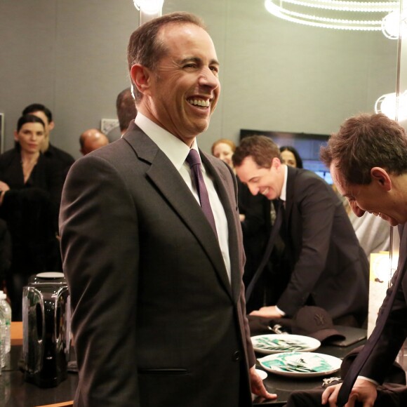 Exclusif - Jerry Seinfeld et Gad Elmaleh dans la loge après le spectacle de Gad Elmaleh "Oh My Gad" au "Carnegie Hall" à New York City, Etats-Unis, le 11 février 2017. © Domique Jacovides/Bestimage