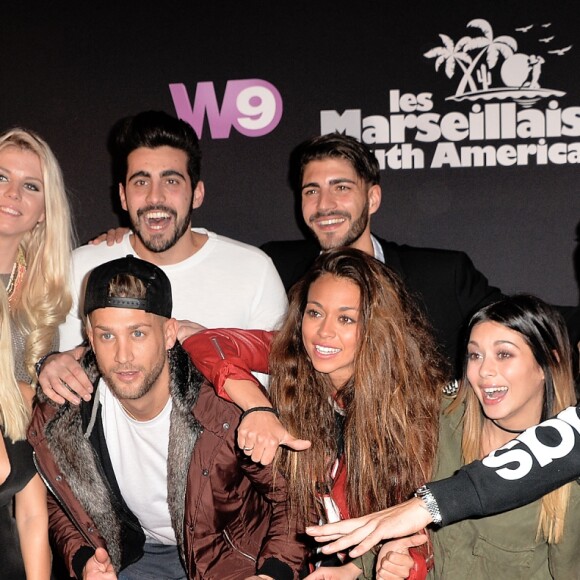 Montaine Mounet, Jessica Thivenin, Carla Moreau, Mathieu Lacroix, Paga, Xavier, Jessica Errero (Jessy), Manon, Julien Tanti et Kevin Guedj - Soirée de lancement de la nouvelle émission de télé-réalité "Les Marseillais South America" au cinéma Gaumont Marignan à Paris, le 21 février 2017. © Veeren/Bestimage