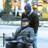 Kevin Hart et Bryan Cranston s'amusent avec un fauteuil roulant électrique pendant le tournage du film "Untouchable" dans le quartier de Manhattan à New York City, New York, Etats-Unis, le 15 février 2017. © CPA/Bestimage