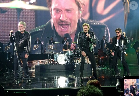 Eddy Mitchell, Johnny Hallyday et Jacques Dutronc - Premier concert "Les Vieilles Canailles" au POPB de Paris-Bercy à Paris, du 5 au 10 novembre 2014.