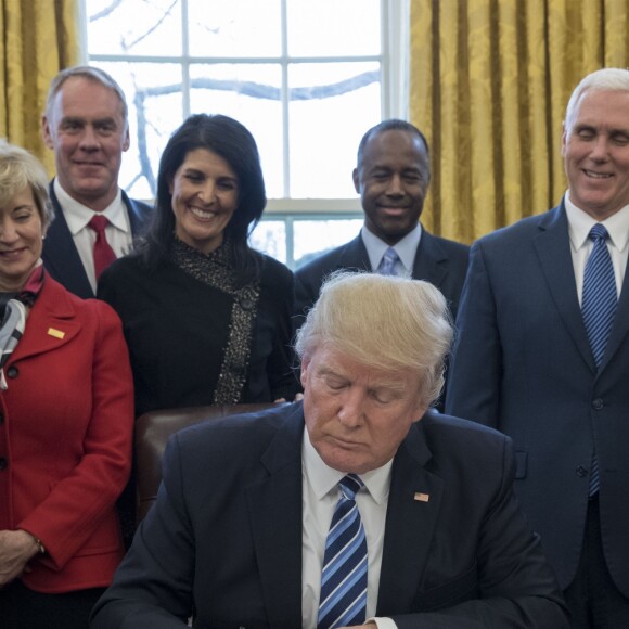 US President Donald J. Trump (C) signs an executive order entitled, 'Comprehensive Plan for Reorganizing the Executive Branch', beside members of his Cabinet in the Oval Office of the White House in Washington, DC, USA, 13 March 2017. Credit: Michael Reynolds / Pool via CNP - NO WIRE SERVICE - Photo: Michael Reynolds/Consolidated News Photos/Michael Reynolds - Pool via CNP13/03/2017 - Washington