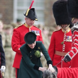 Kate a distribué les bouquets de trèfles, sans oublier bien sûr Domhnall, mascotte du régiment. Le prince William et la duchesse Catherine de Cambridge ont assisté à la parade de la Saint-Patrick et distribué le trèfle porte-bonheur aux membres des Irish Guards aux Cavalry Barracks du régiment à Hounslow, dans l'ouest de Londres, le 17 mars 2017.