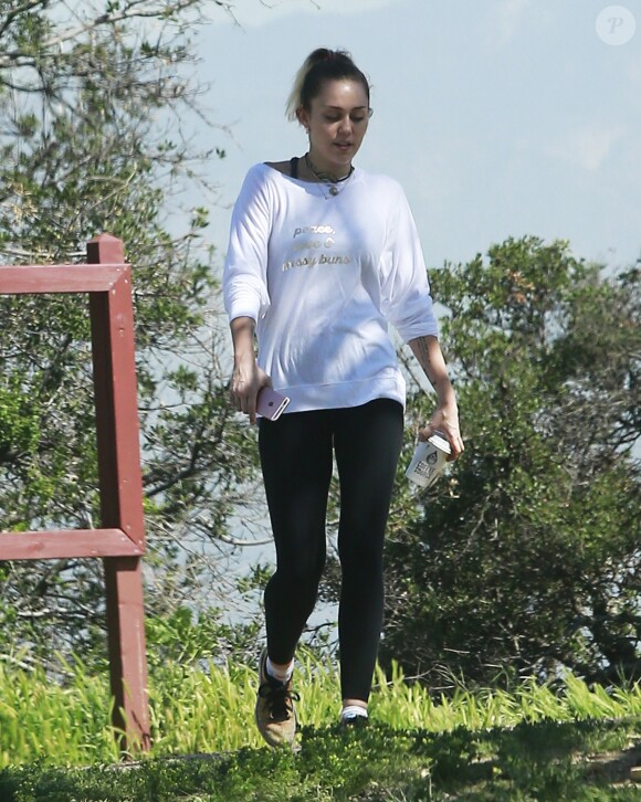Exclusif - Miley Cyrus et son fiancé Liam Hemsworth sont allés se balader en amoureux sur les hauteurs de Los Angeles, le 16 mars 2017 