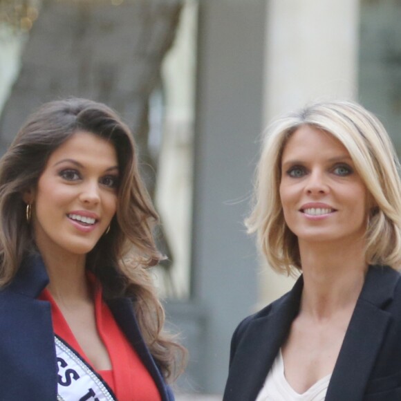 Semi-Exclusif - Iris Mittenaere (Miss Univers) et Sylvie Tellier au Palais de l'Elysée pour rencontrer le Président de la République F. Hollande et visiter l'Elysée à Paris, le 18 mars 2017.