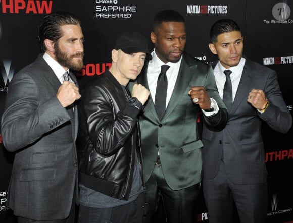 Jake Gyllenhaal, Eminem, 50 Cent (Curtis Jackson) et Miguel Gomez - Première du film "Southpaw" à New York. Le 20 juillet 2015.