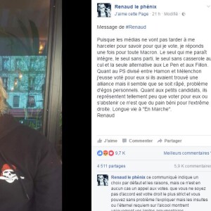 Renaud annonce qu'il votera pour Emmanul Macron à la présidentielle sur Facebook le 3 avril 2017.