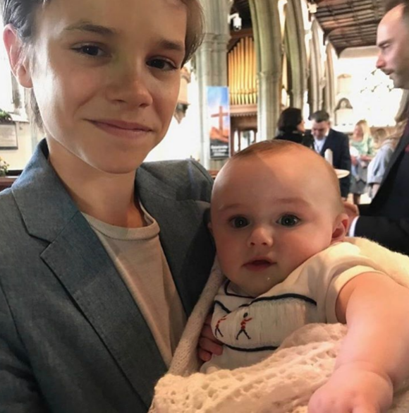 Romeo Beckham lors du baptême de son filleul Otis - Photo publiée sur Instagram le 24 avril 2017