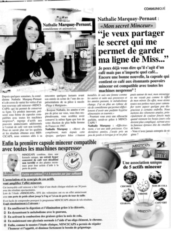 Nathalie Marquay-Pernaut partage son secret minceur, le Mincicaps, dans un publi-communiqué (avril 2017).