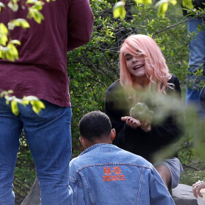 Exclusif - Prix Spécial - Cara Delevingne, un hérisson dans les mains, tourne avec Jaden Smith "Life in a year" à Toronto le 11 mai 2017.