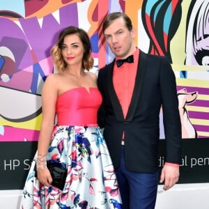 Priscilla Betti (Robe Christophe Guillarmé en faille de soie imprimée, bijoux Elsa Lee Paris et pochette Carmen Steffens) et Christphe Guillarmé à la sortie de l'hôtel Majestic pendant le 70 ème Festival International du film de Cannes, France, le 18 mai 2017. © Giancarlo Gorassini/Bestimage.