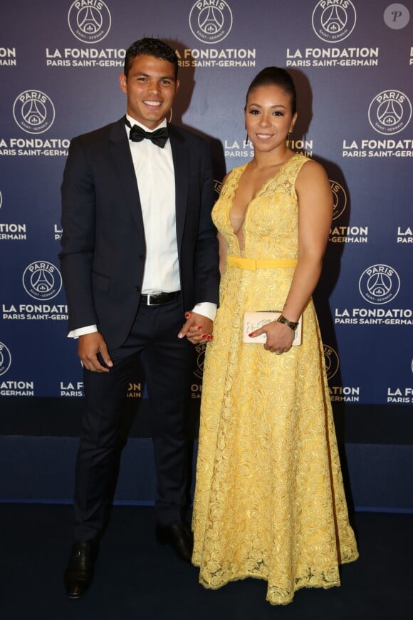Exclusif - Thiago Silva et sa femme Isabele - Dîner de gala au profit de la Fondation PSG au Parc des Princes à Paris le 16 mai 2017.