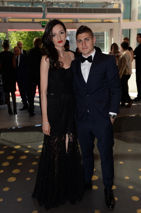 Exclusif - Marco Verratti et sa compagne Laura Zazzara - Dîner de gala au profit de la Fondation PSG au Parc des Princes à Paris le 16 mai 2017.
