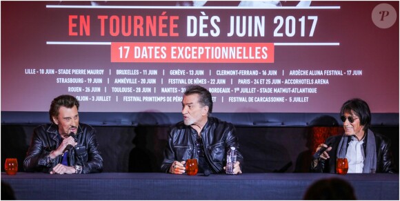 Johnny Hallyday, Eddy Mitchell et Jacques Dutronc en conférence de presse pour leur tournée des Vieilles Canailles le 6 juin 2017 à Boulogne-Billancourt.