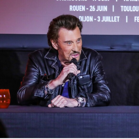 Johnny Hallyday, Eddy Mitchell et Jacques Dutronc en conférence de presse pour leur tournée des Vieilles Canailles le 6 juin 2017 à Boulogne-Billancourt.