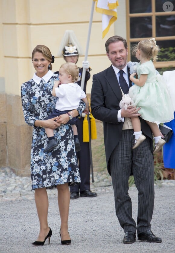La princesse Madeleine de Suède, Chris O'Neill et leurs enfants le prince Nicolas et la princesse Leonore - Baptême du prince Alexander de Suède au palais Drottningholm à Stockholm. Le 9 septembre 2016