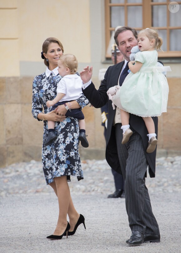 La princesse Madeleine de Suède, Chris O'Neill et leurs enfants le prince Nicolas et la princesse Leonore - Baptême du prince Alexander de Suède au palais Drottningholm à Stockholm. Le 9 septembre 2016