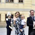 La princesse Madeleine de Suède, Chris O'Neill et leurs enfants le prince Nicolas et la princesse Leonore- Baptême du prince Alexander de Suède au palais Drottningholm à Stockholm. Le 9 septembre 2016