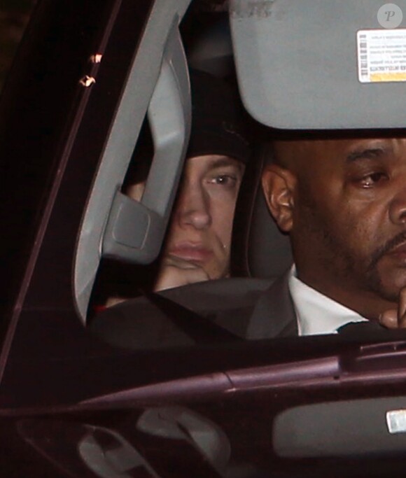 Le chanteur Eminem arrivant au mariage de Liberty Ross et Jimmy Iovine, le jour de la Saint Valentin, à Beverly Hills, le 14 février 2016.