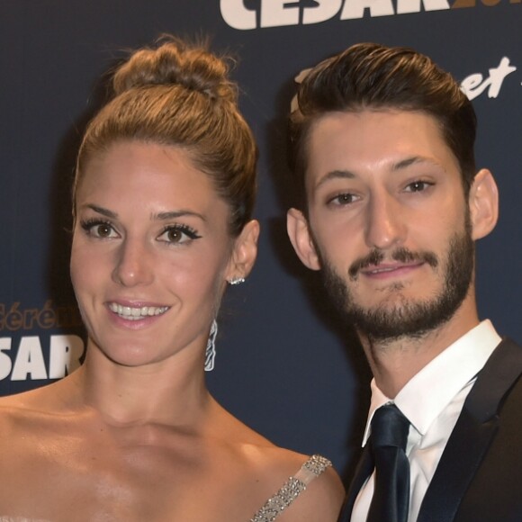 Natasha Andrews (Robe Dior, chaussures Louboutin, bijoux Cartier) et son compagnon Pierre Niney (Smoking Dior, chaussures Louboutin, Bijoux Montblanc) - Photocall du dîner de la 42e cérémonie des César au Fouquet's à Paris. Le 24 février 2017 © Giancarlo Gorassini / Bestimage